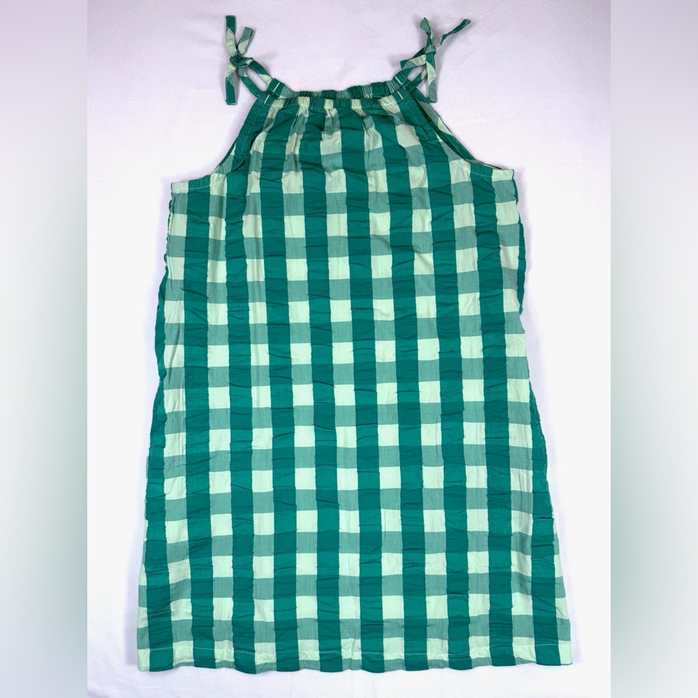 HANNA ANDERSSON Green Seersucker Gingham Plaid Bow‎ Straps Mini Dress Size 10